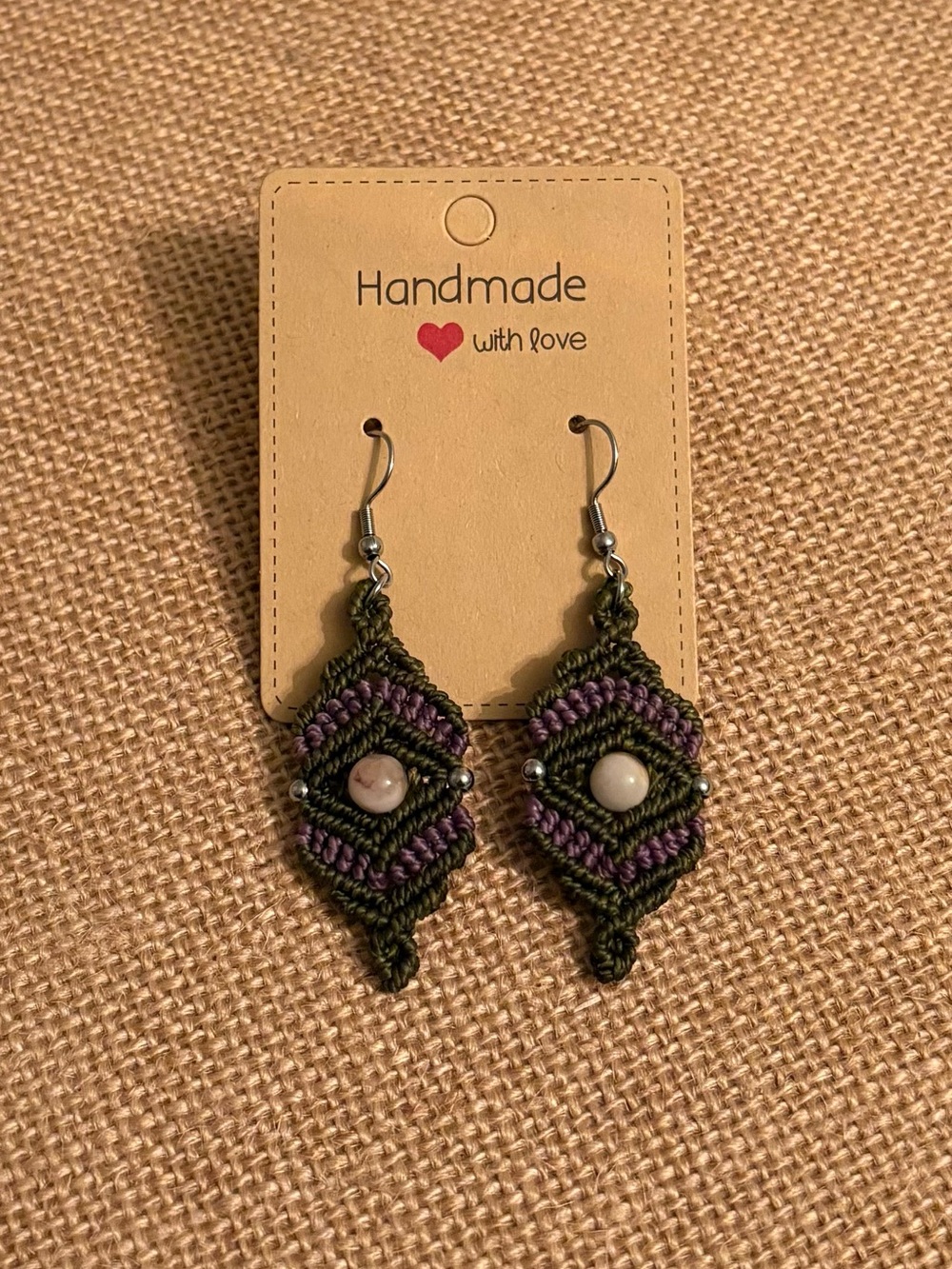 Handmade Olive Green and Purple Macramé Drop Earrings with Bead